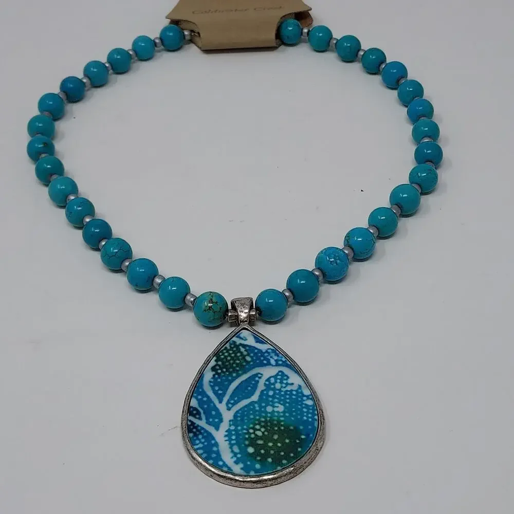 Coldwater Creek Genuine Stone Necklace Reversible Pendant Aqua Silver Tone NWT